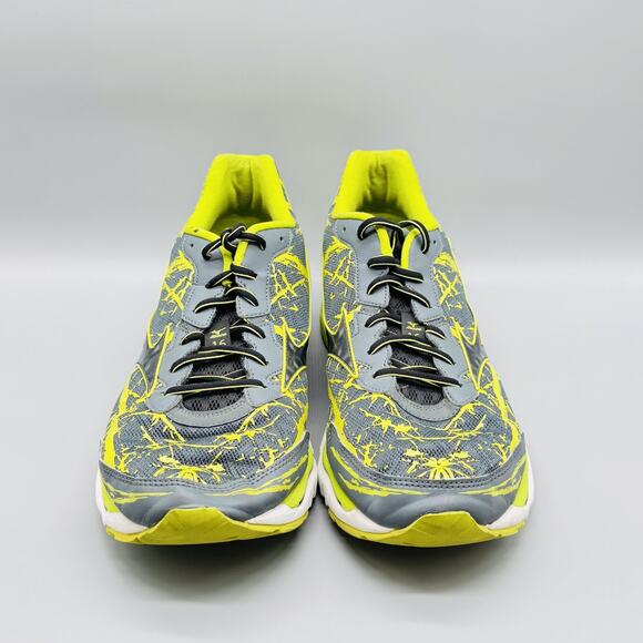 Mizuno Shoes Mens 14 Gray Yellow Paint Splatter Wave Creation 16 Running Sneaker - Picture 3 of 12
